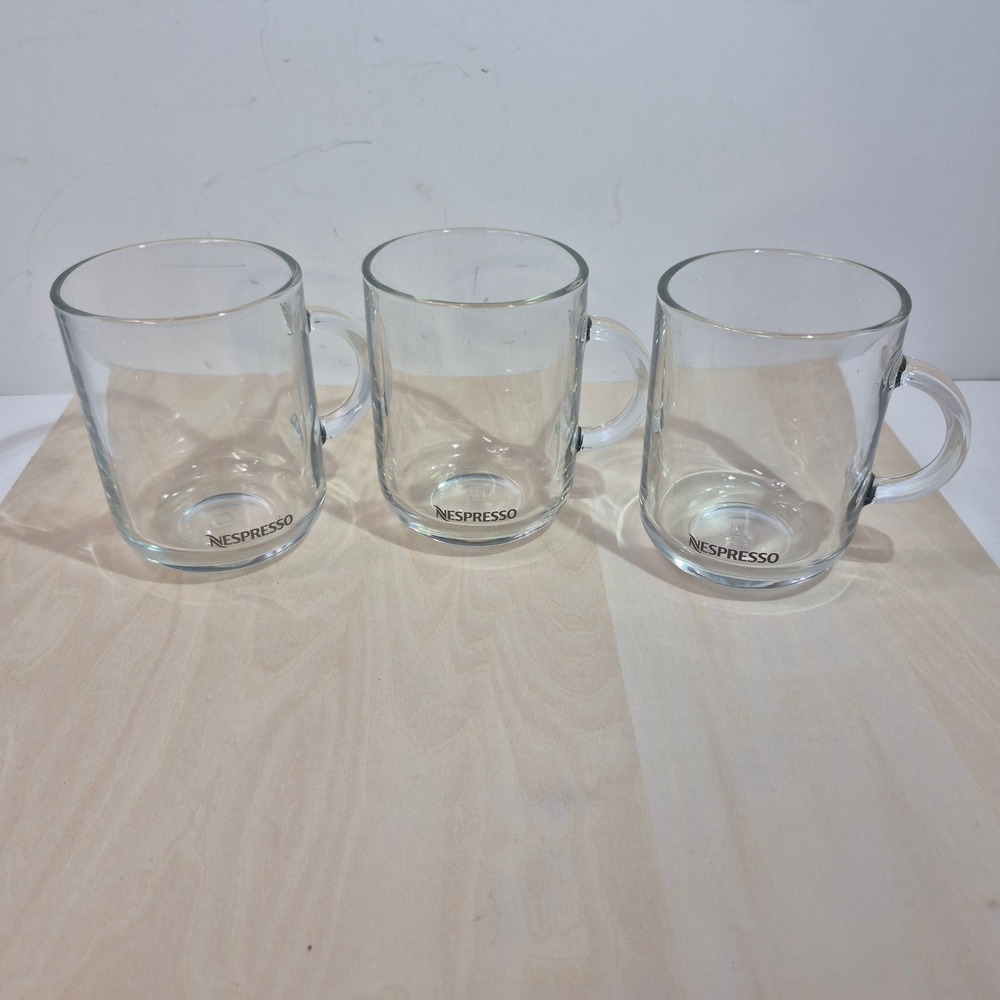 Nespresso Clear Glass Coffee Mugs Set of 3 Logo Tempered Glass Cups 4 Inch